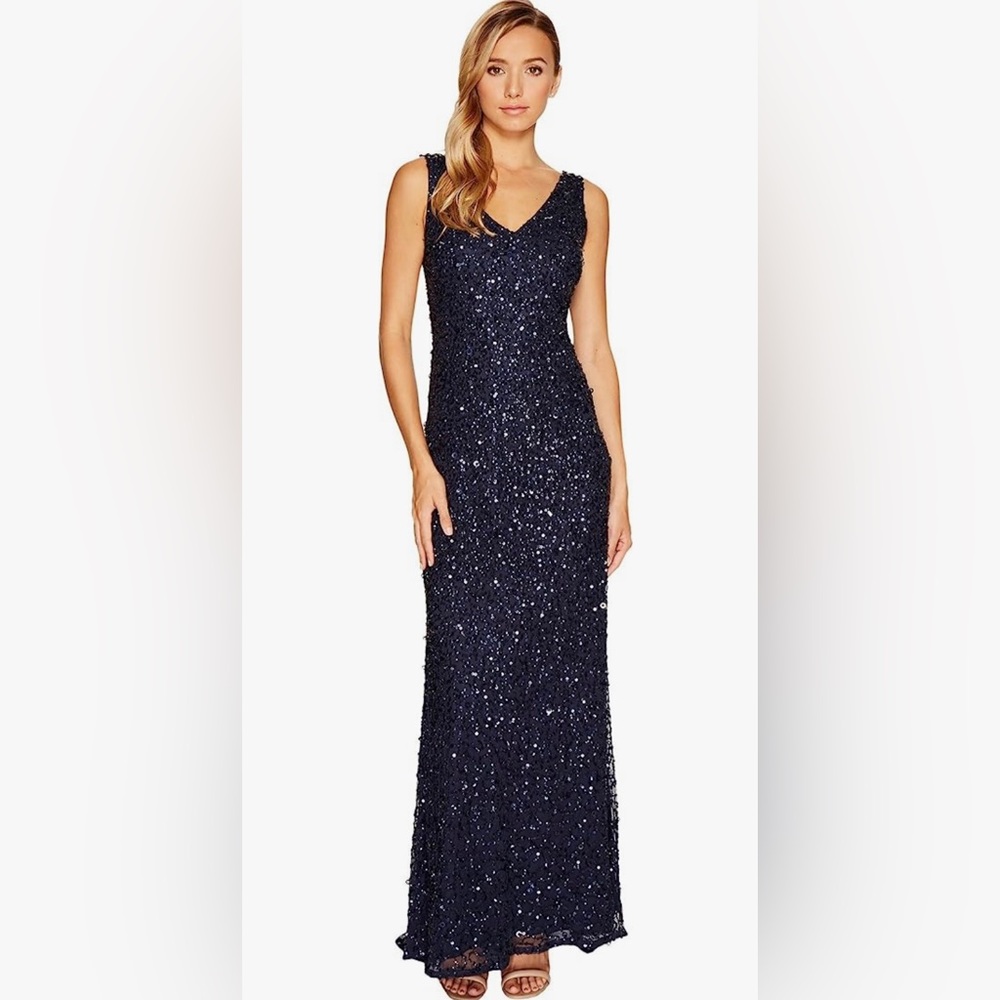 Gorgeous!!!! Brand New Navy Blue Sequin Adrianna Papell Gown with a small train